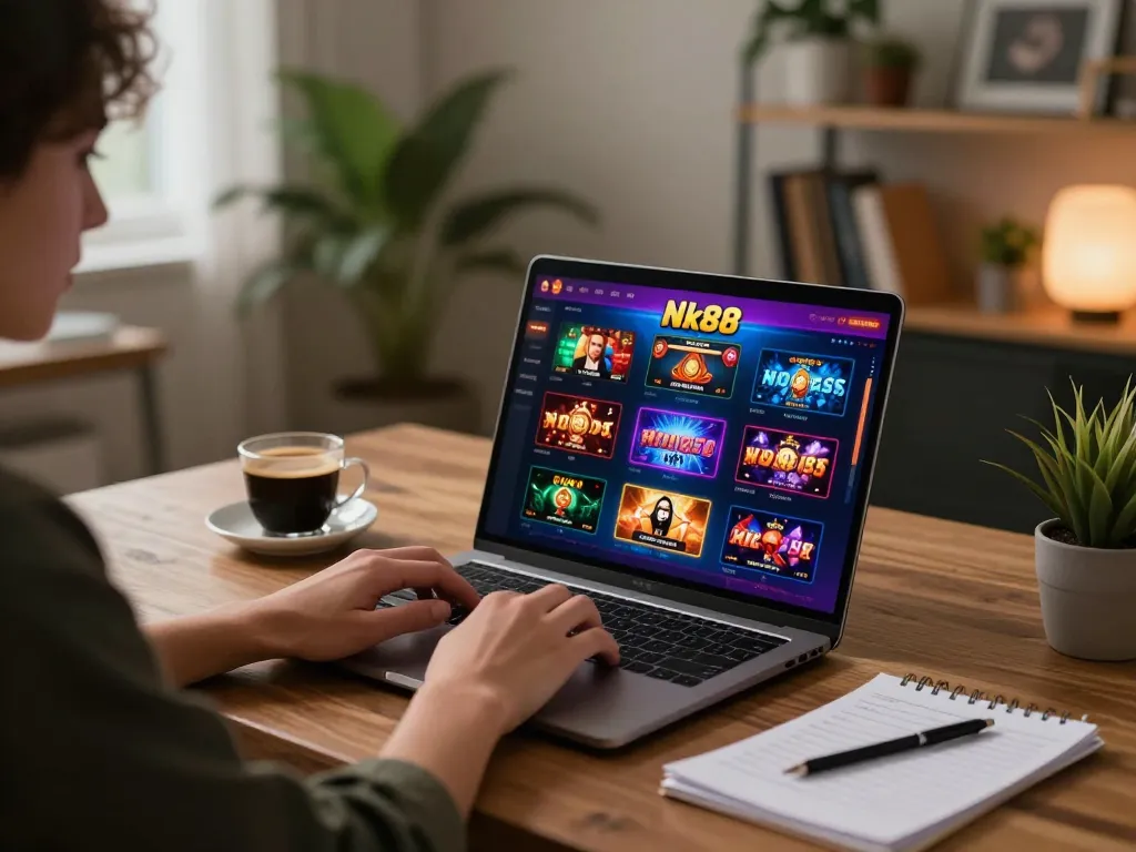 Engaged player on Nk88 nhà cái using a laptop for an immersive online gaming experience.
