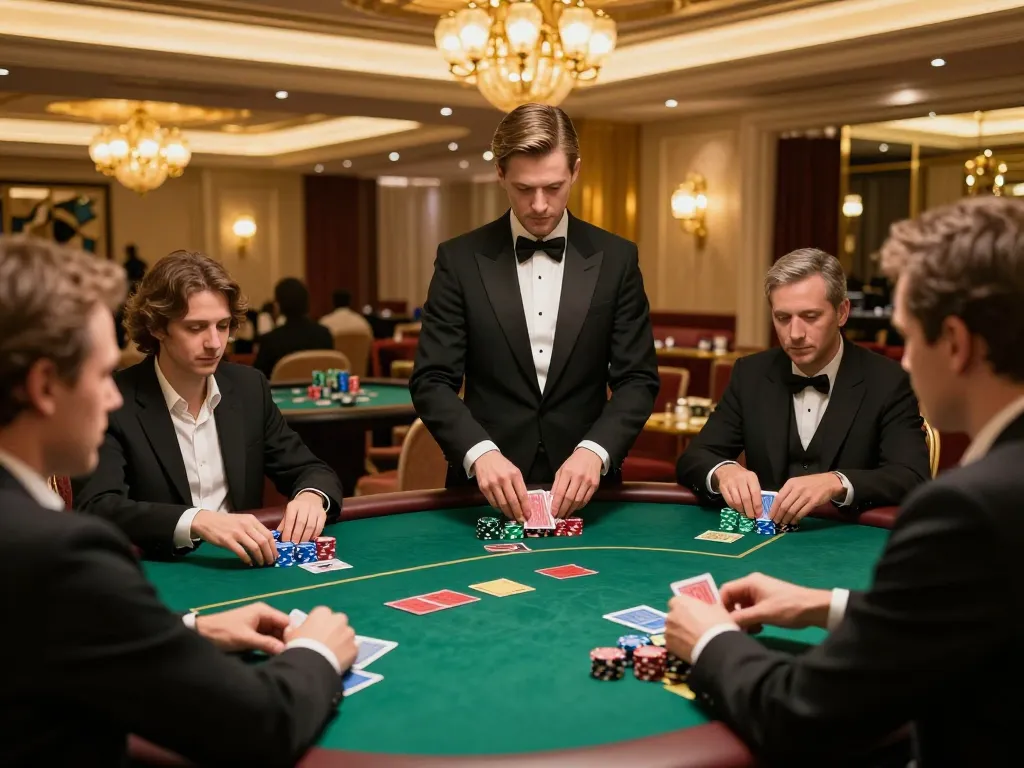 DOLA88 players strategizing in a luxurious VIP gaming area at a high-stakes poker table.