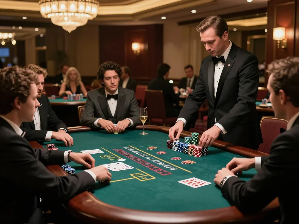Aksi blackjack taruhan tinggi di hotelleonardvinci menunjukkan pemain yang terlibat dan dealer yang mengelola taruhan.