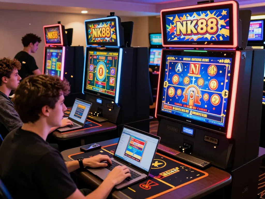 Exciting NK88 win moment with players enjoying online casino games in a vibrant atmosphere, showcasing diverse gaming experiences.