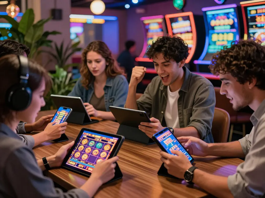 Players engaging in tr88 bet online games, celebrating winnings in a vibrant digital casino atmosphere.