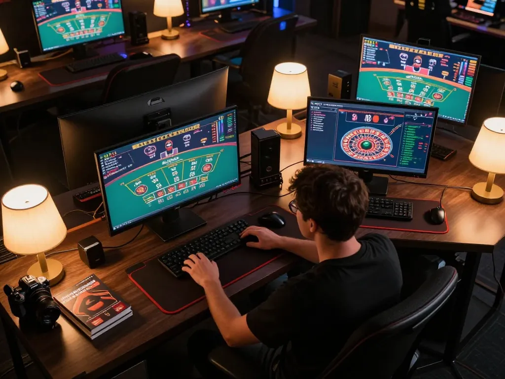BK8 player engaging with live dealer games on a professional gaming setup, showcasing advanced online gambling.