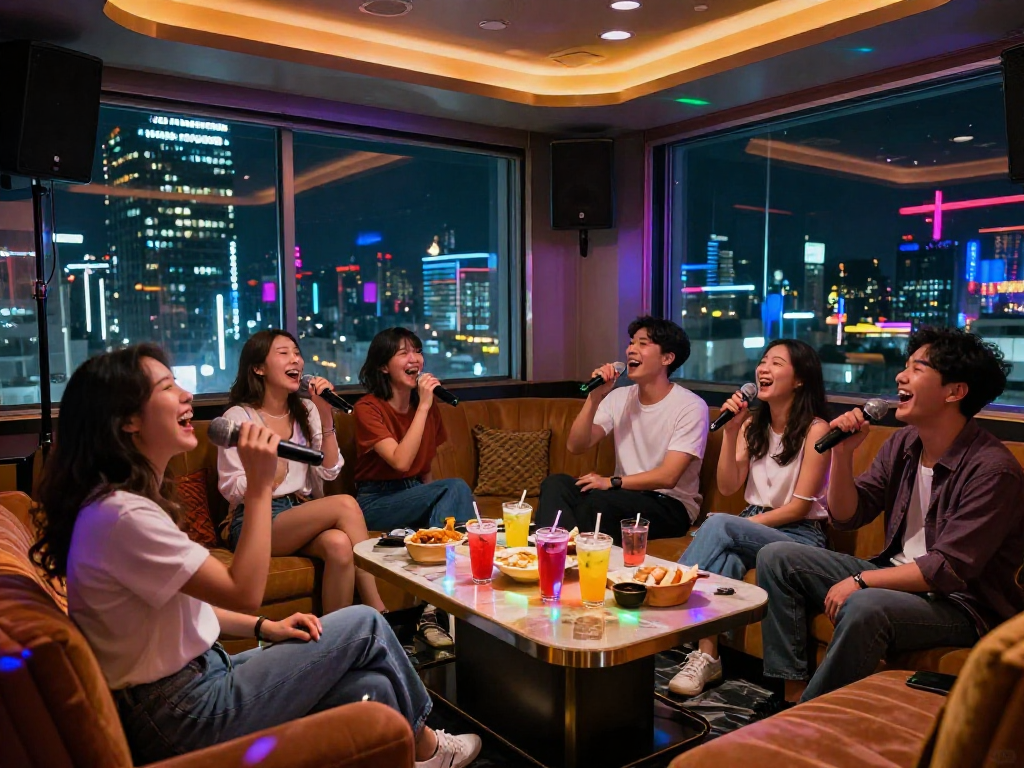 도파민 가라오케의 고급스러운 분위기와 LED 조명이 빛나는 룸에서 친구들이 노래하는 장면