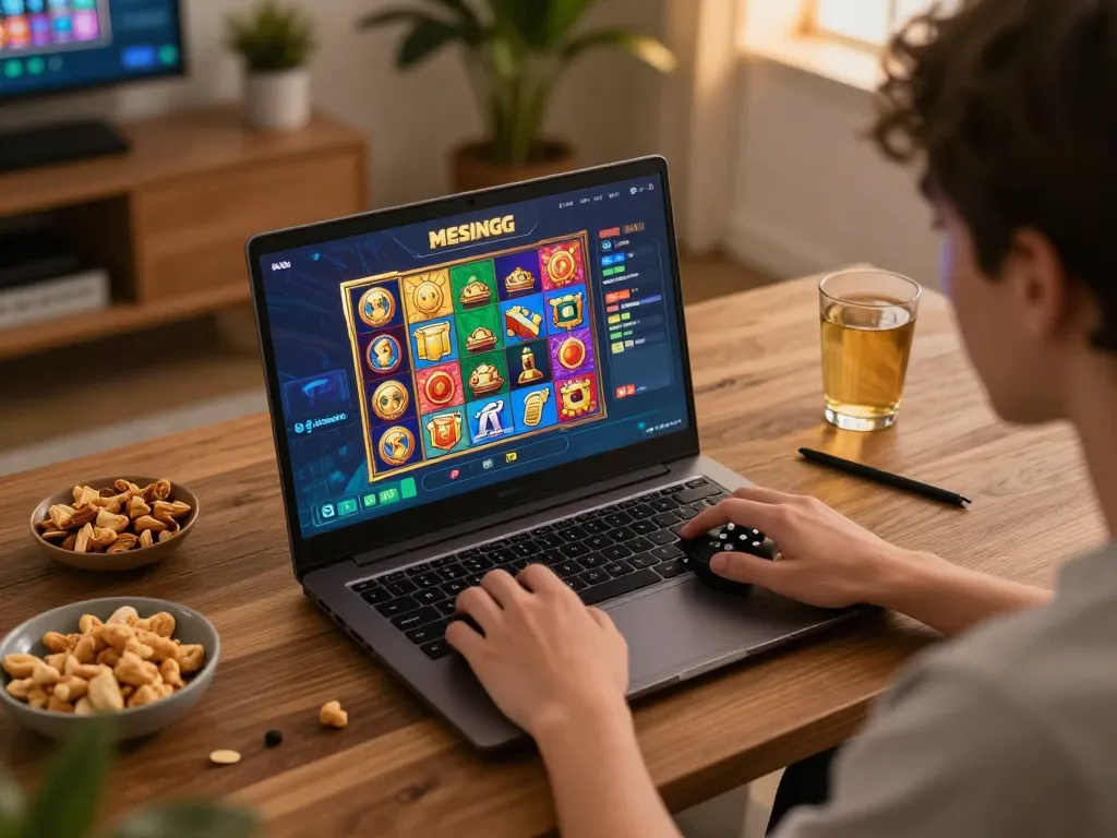 Engaging gameplay on MESINGG online slots with a dynamic home gaming setup featuring an individual playing