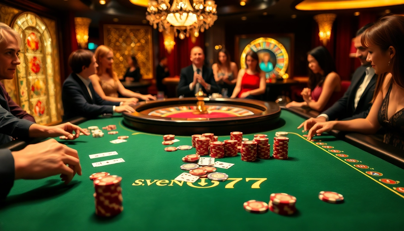 Winning at seven77: A vibrant casino scene with players enjoying blackjack and roulette.
