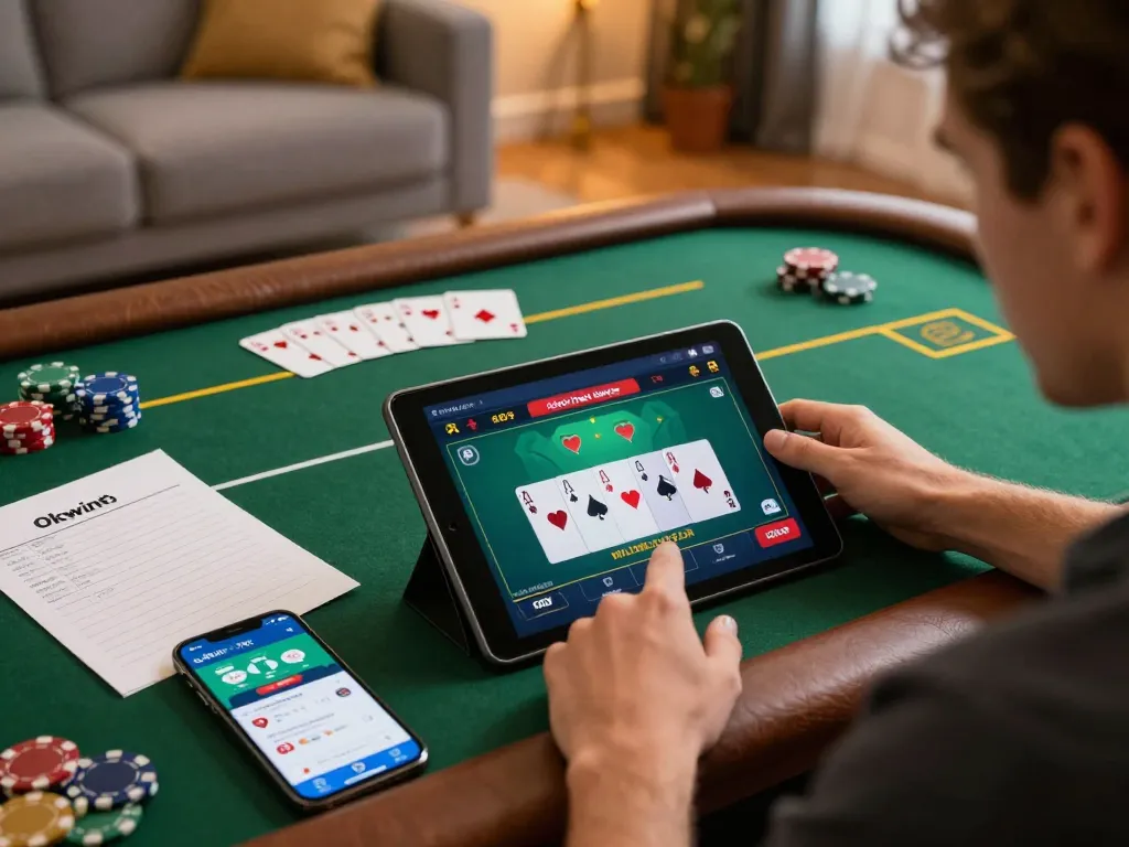 Player enjoying a strategic poker game on Okwintv app in a cozy living room