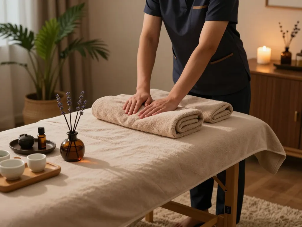 Home massage therapy setup at https://www.maxim-anma.net with soothing ambiance, aromatic oils, and warm evening light.