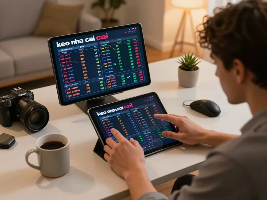 Engaged user analyzing keo nha cai odds on tablet with cozy home ambiance