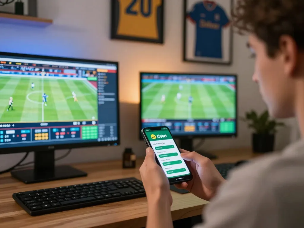 SboBet app user engaging with live sports betting in a stylish home setting