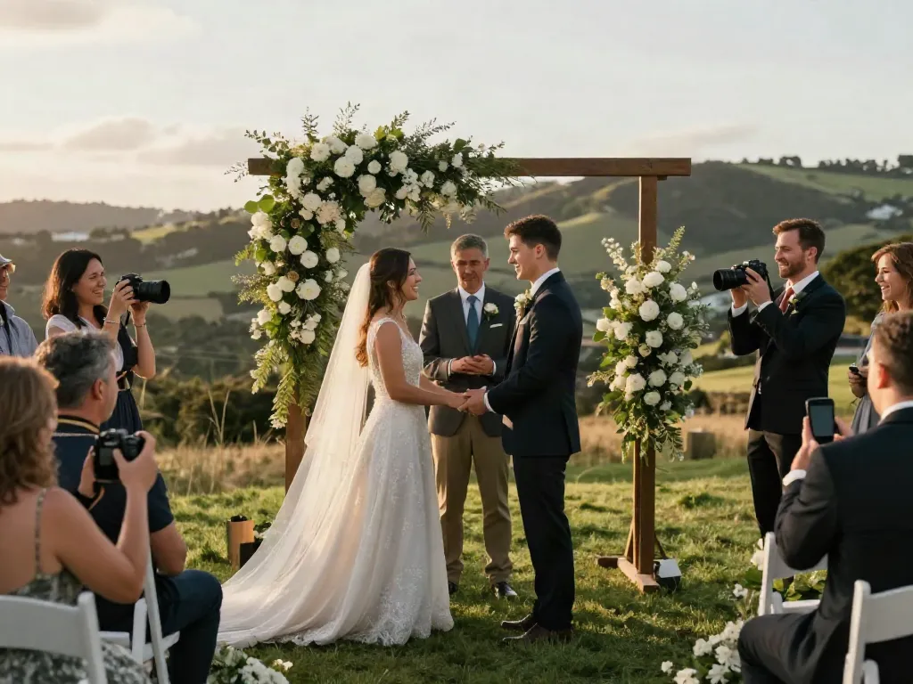 Dunedin wedding photographer capturing an intimate outdoor ceremony with a couple exchanging vows under a floral arch during golden hour.