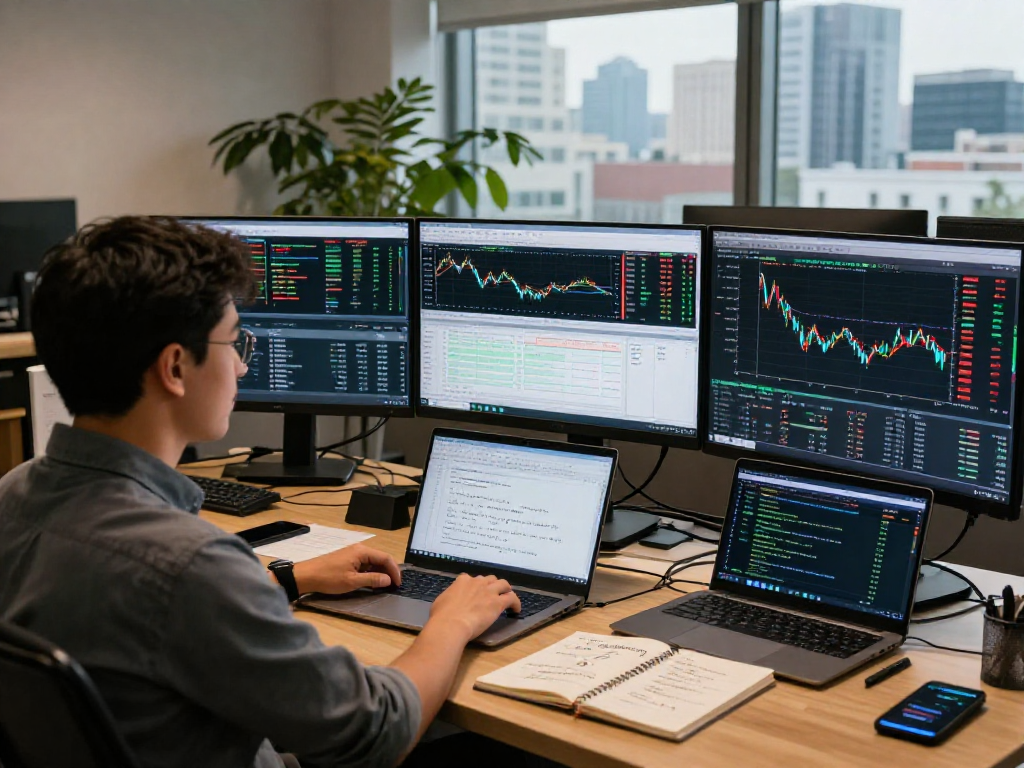 Focused trader using metatrader 5 with multiple screens in a modern office