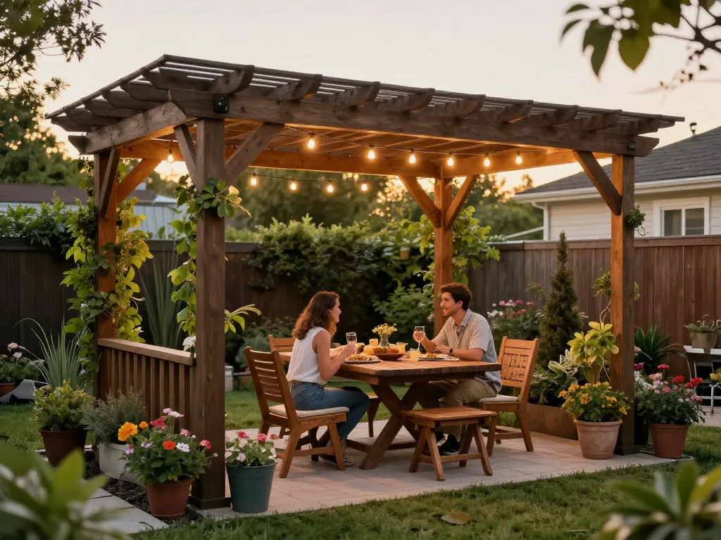 3D pergola creating a cozy outdoor dining area with string lights.