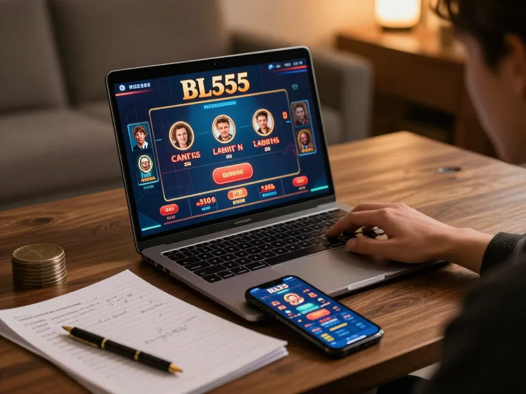 Engaged user exploring BL555 online casino games on laptop with strategic notes nearby.