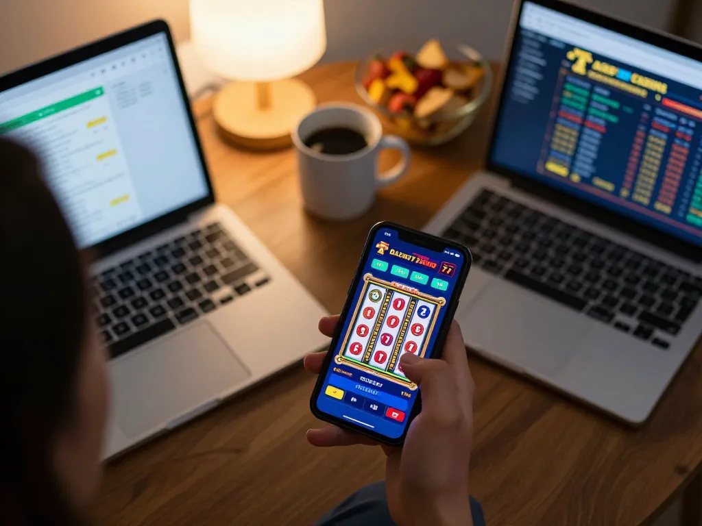 Player enjoying the alexis77 slot app on smartphone, showing vibrant game interface and comfortable home setting