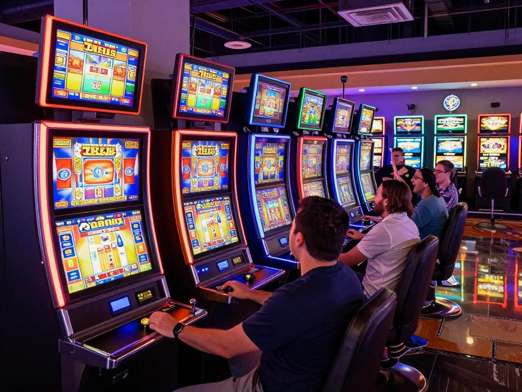 Pemain yang terlibat dalam permainan yang mendebarkan di mesin slot Zeus, menampilkan visual cerah dan keterlibatan pemain di kasino