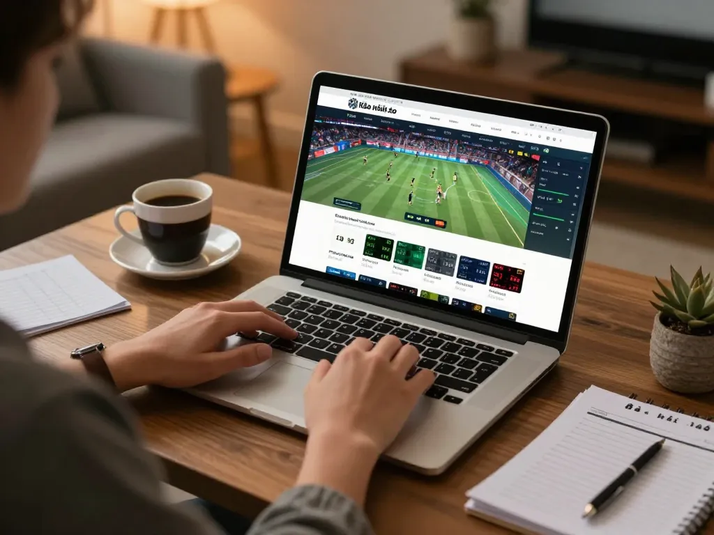 Kèo nhà cái live betting interface displayed on a laptop at home, showcasing real-time sports odds.
