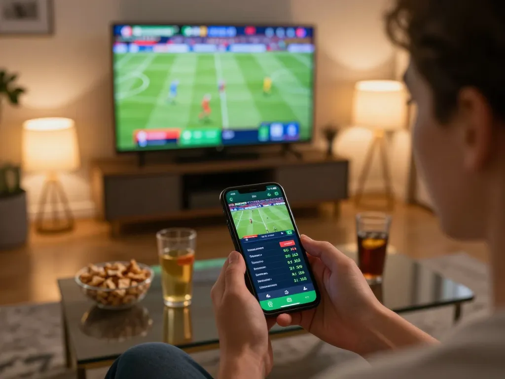 Person placing live bets on the dh88.bio mobile app while watching a sports game