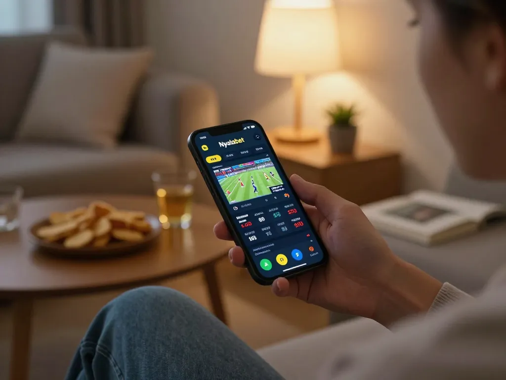 Nyalabet app experience highlighting live sports betting on a smartphone during a cozy home setup.