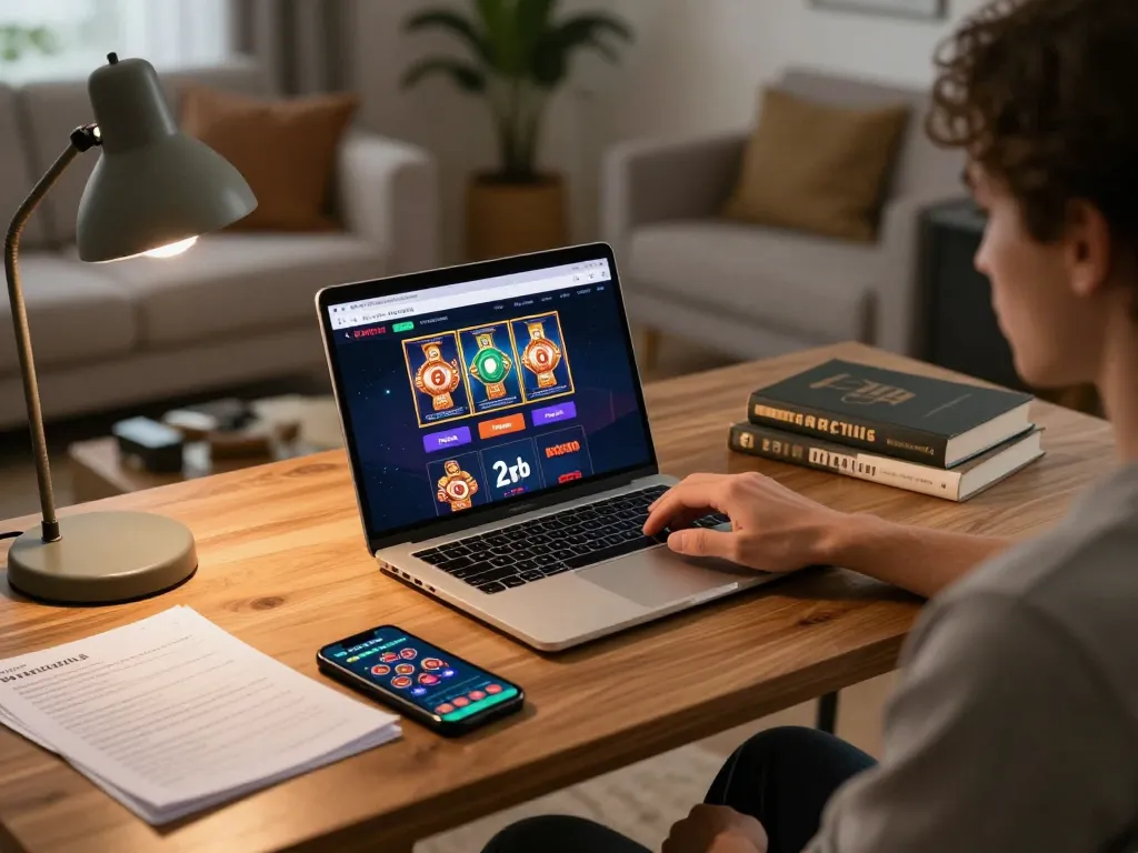 A person engaged in online casino gaming at home, showcasing slot deposit 2rb options on the laptop.