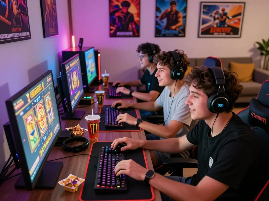 Engaging scene of friends enjoying slot gacor games with vibrant gaming setup and dynamic graphics.