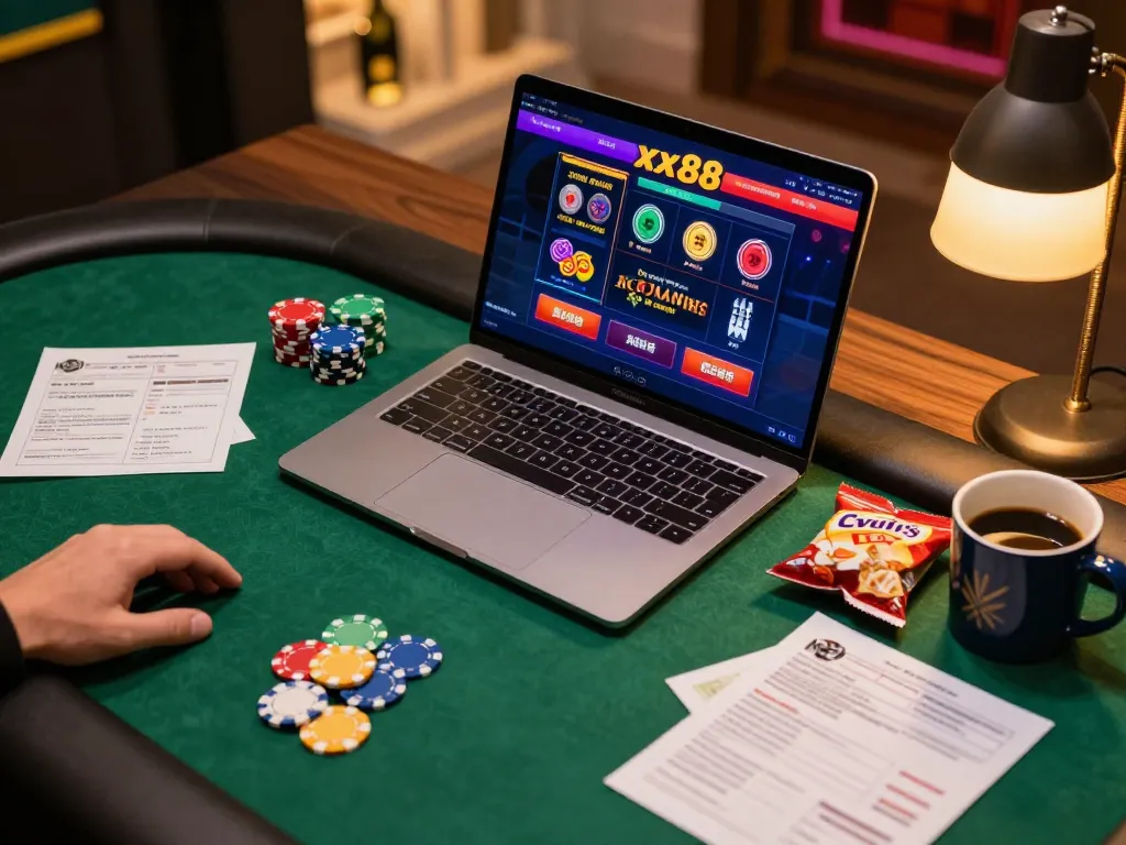 Engaged user playing xx88 online casino games with laptop in cozy setting, showcasing strategic gaming atmosphere.