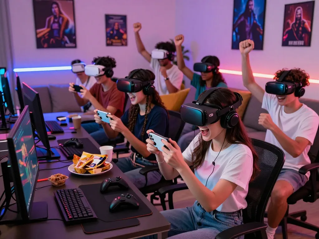 Engaging online gaming scene with diverse players enjoying go88, vibrant colors, and cozy atmosphere.