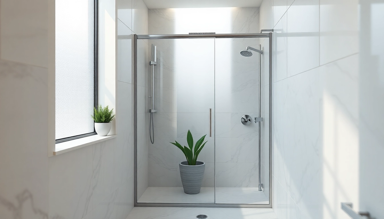 Experience elegant showers with sleek glass design and soft lighting in a modern bathroom.