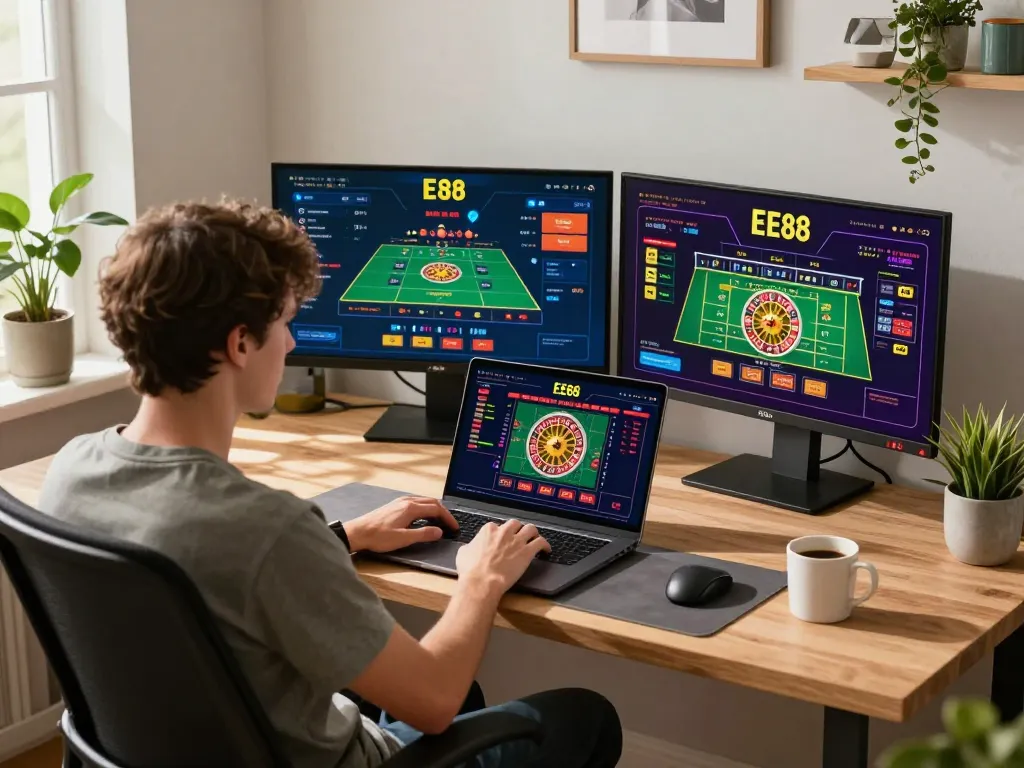 EE88 online gaming session showcasing roulette gameplay in a cozy home office setting