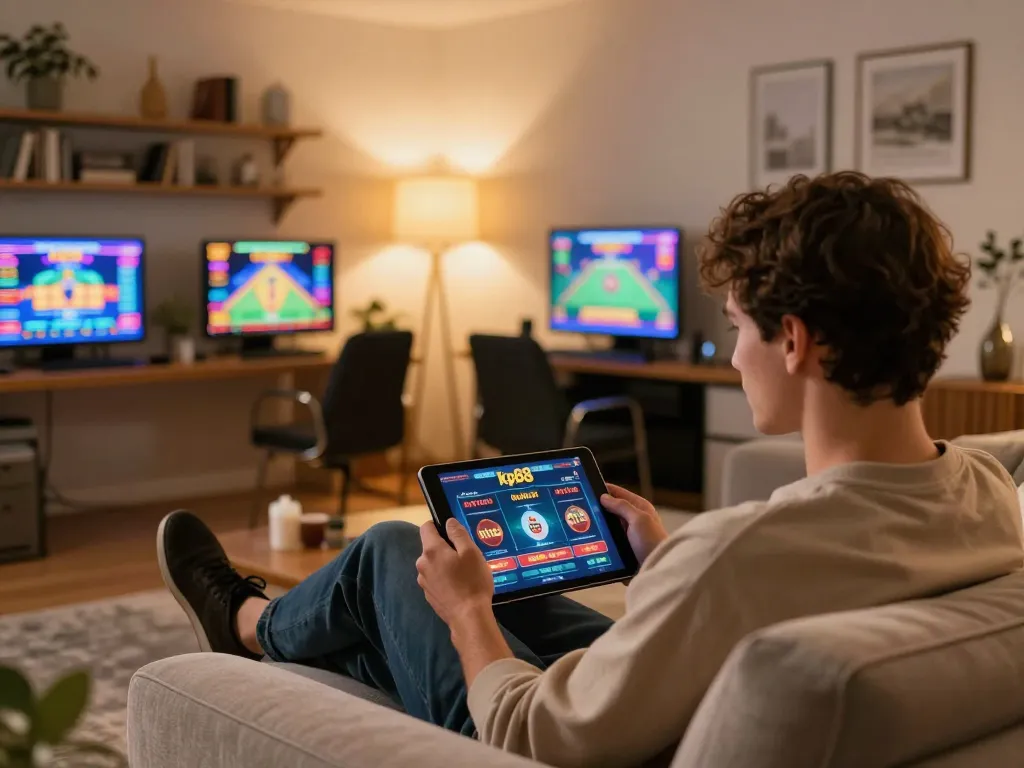 Playing on the kp88 tablet, a user enjoys an engaging online gaming session in a cozy living room.