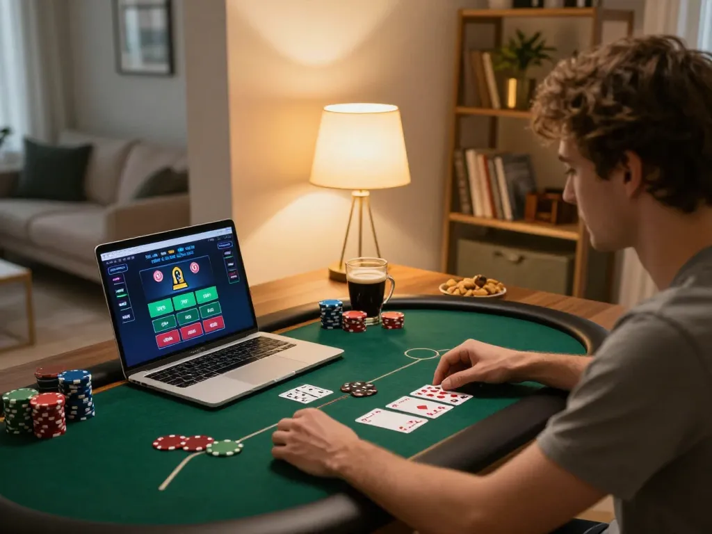TG88 player enjoying poker game on laptop at home with snacks and warm lighting