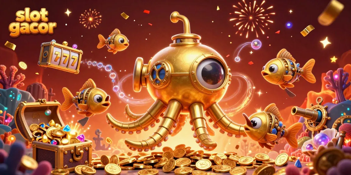 Spin the reels with slot gacor in this vibrant 3D illustration of a golden kraken submarine!