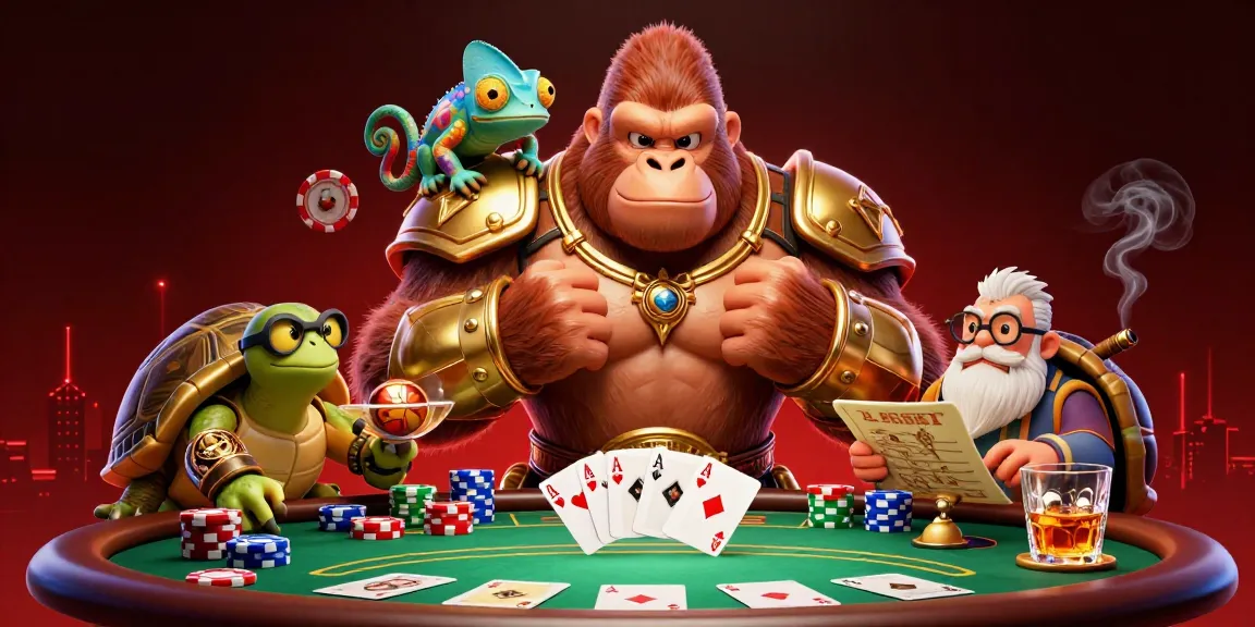 Experience the excitement of U888 with a powerful gorilla king, chameleon spy, and wise tortoise at a poker game table.