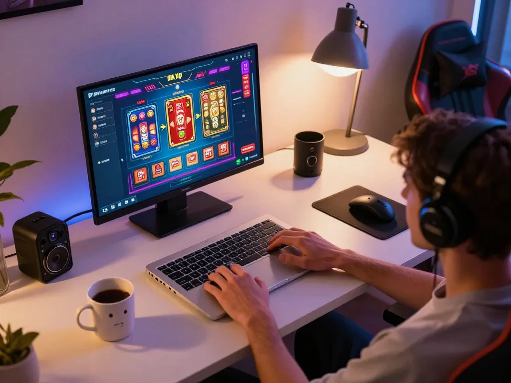 Person playing rik vip online casino on a laptop in a cozy home setting, showcasing engaging gameplay.