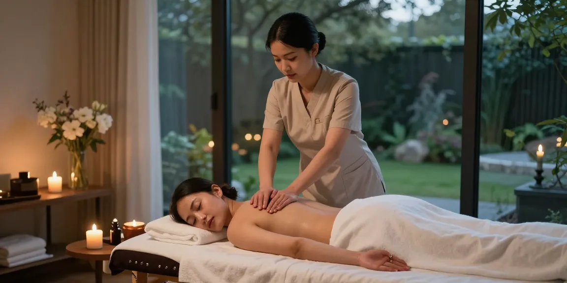 마사지 치료를 받고 있는 고객과 마사지 치료사가 있는 편안한 분위기의 스파