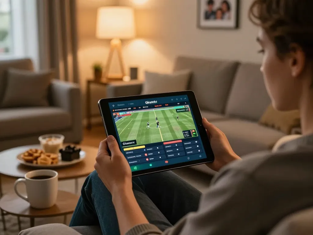 Person engaged with the Okwintv sports betting app, enjoying a cozy home atmosphere