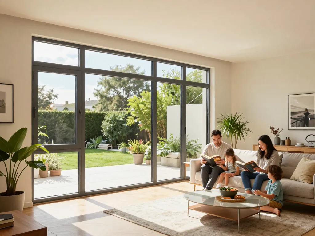 Elegante Fensterschüco Fenster in einem hellen Wohnzimmer, das Familienengagement und modernes Design zeigt.