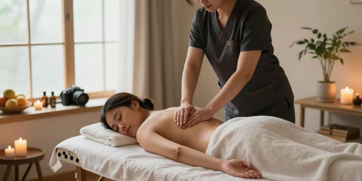 마사지 치료 중인 모습, 스웨디시 마사지와 아로마 오일로 편안한 분위기를 조성한 스파 공간.