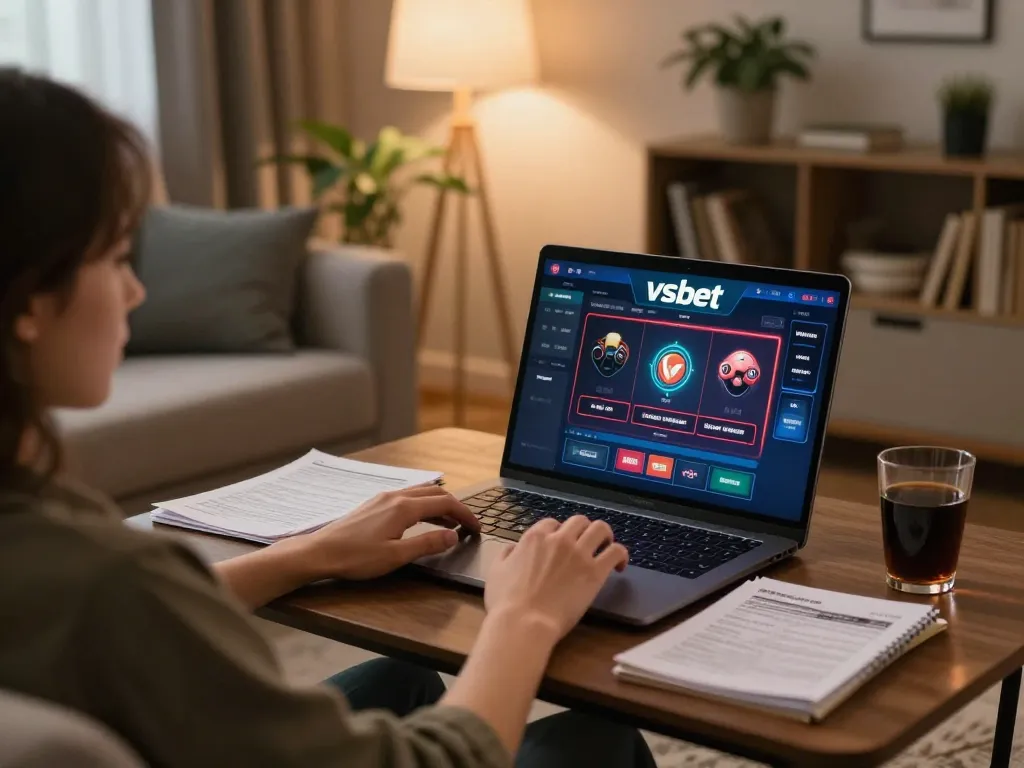Engaging in online gambling at home with Vsbet, featuring laptop and strategy notes.