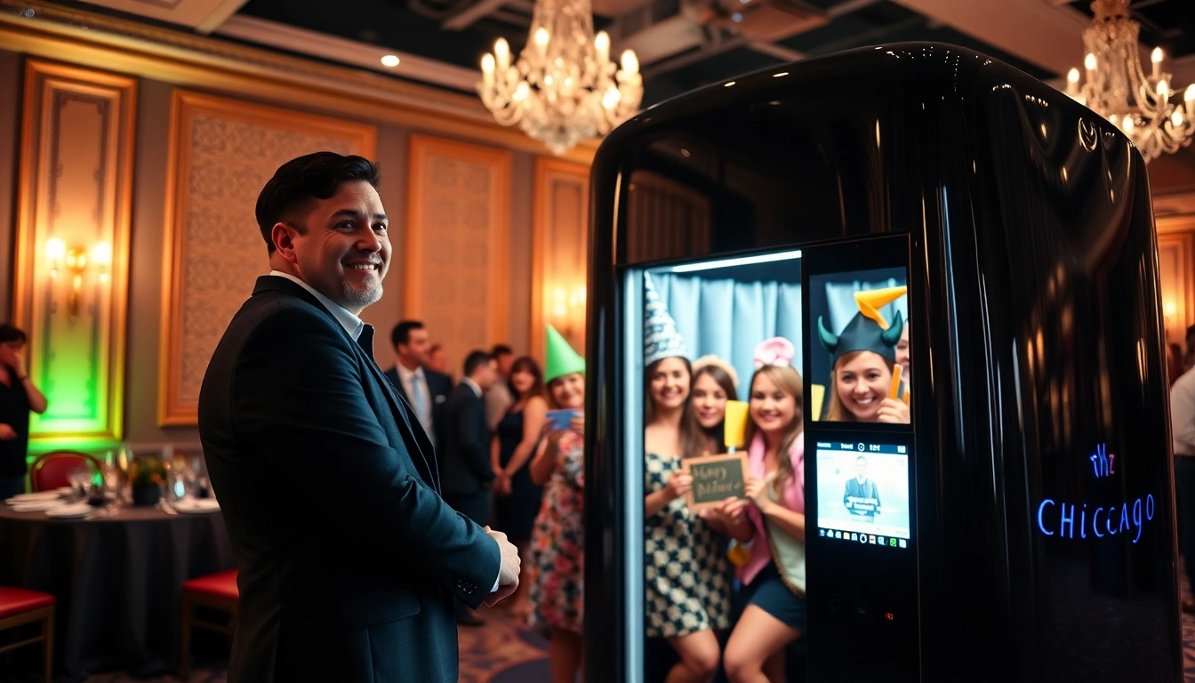 Photo booth Chicago at an event with guests enjoying vibrant props and a welcoming attendant.