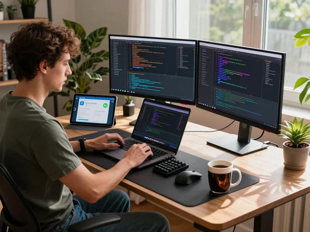 Moltbot mac setup in a modern home office showcasing coding on dual monitors and vibrant workspace elements.