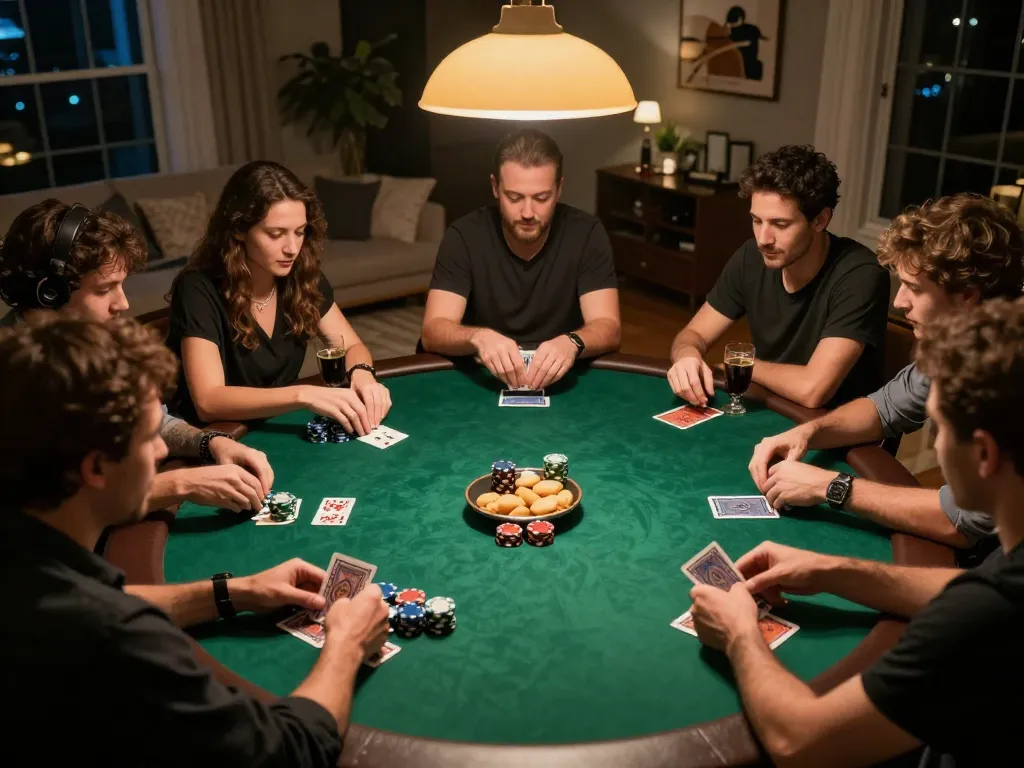 Successful players enjoying a thrilling poker game at 789club with chips and cards visible.