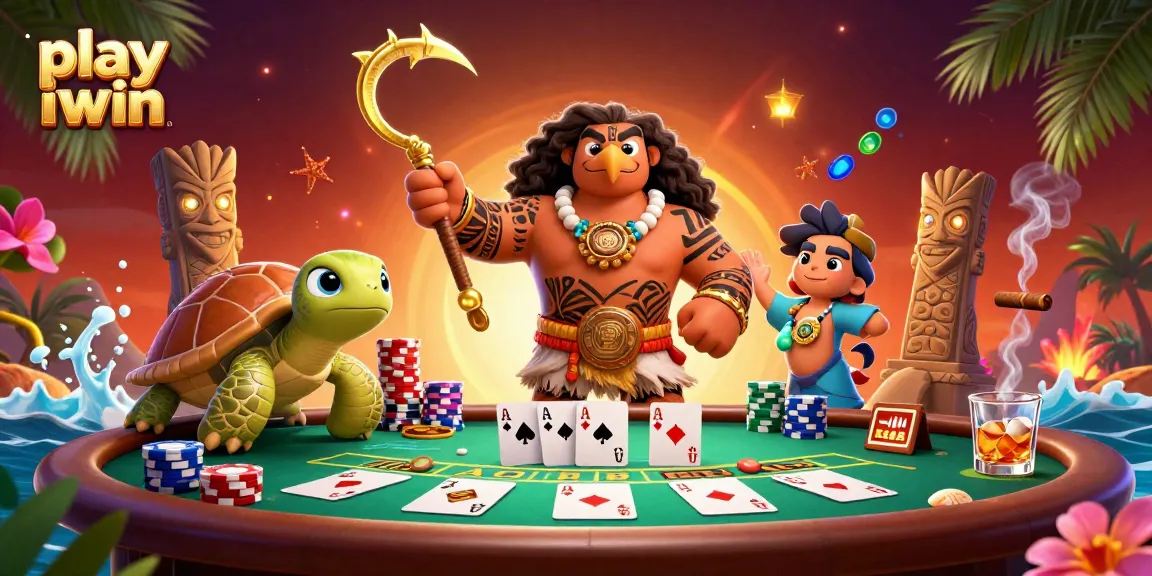 Play iwin with engaging 3D characters around a vibrant poker table, showcasing colorful chips and casino elements.