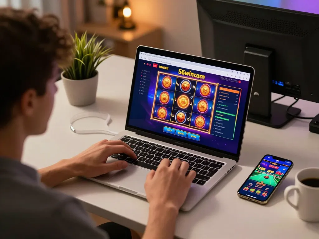 Engaging online gambling session on 56win.com with vibrant slot reels and focused player.