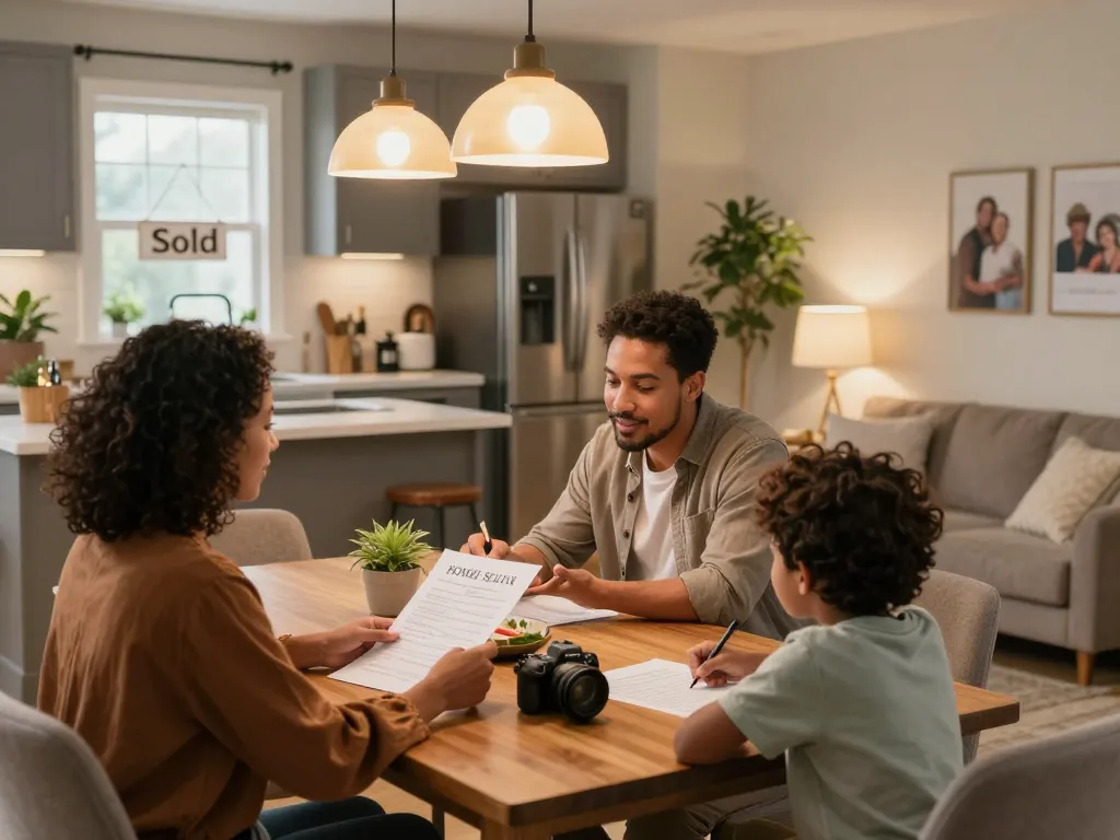 Sell my house today with ease as a family meets a cash buyer in a cozy home scene.
