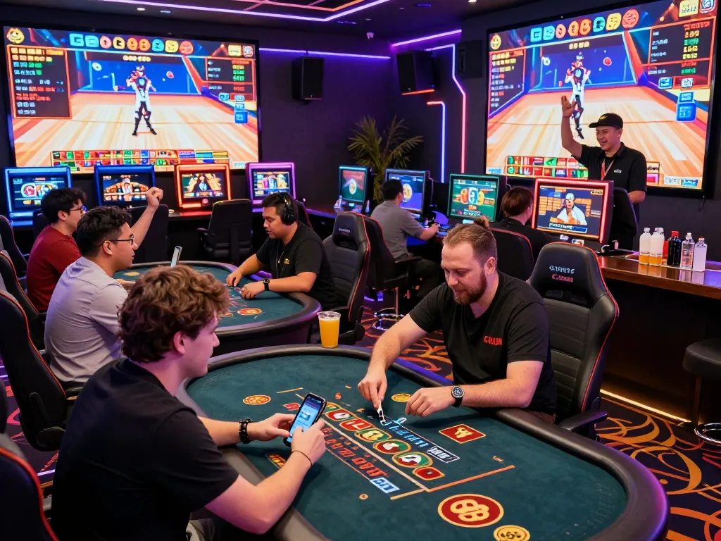 Excited players enjoying various games at Go88's vibrant online casino, showcasing dynamic gameplay and a lively atmosphere.