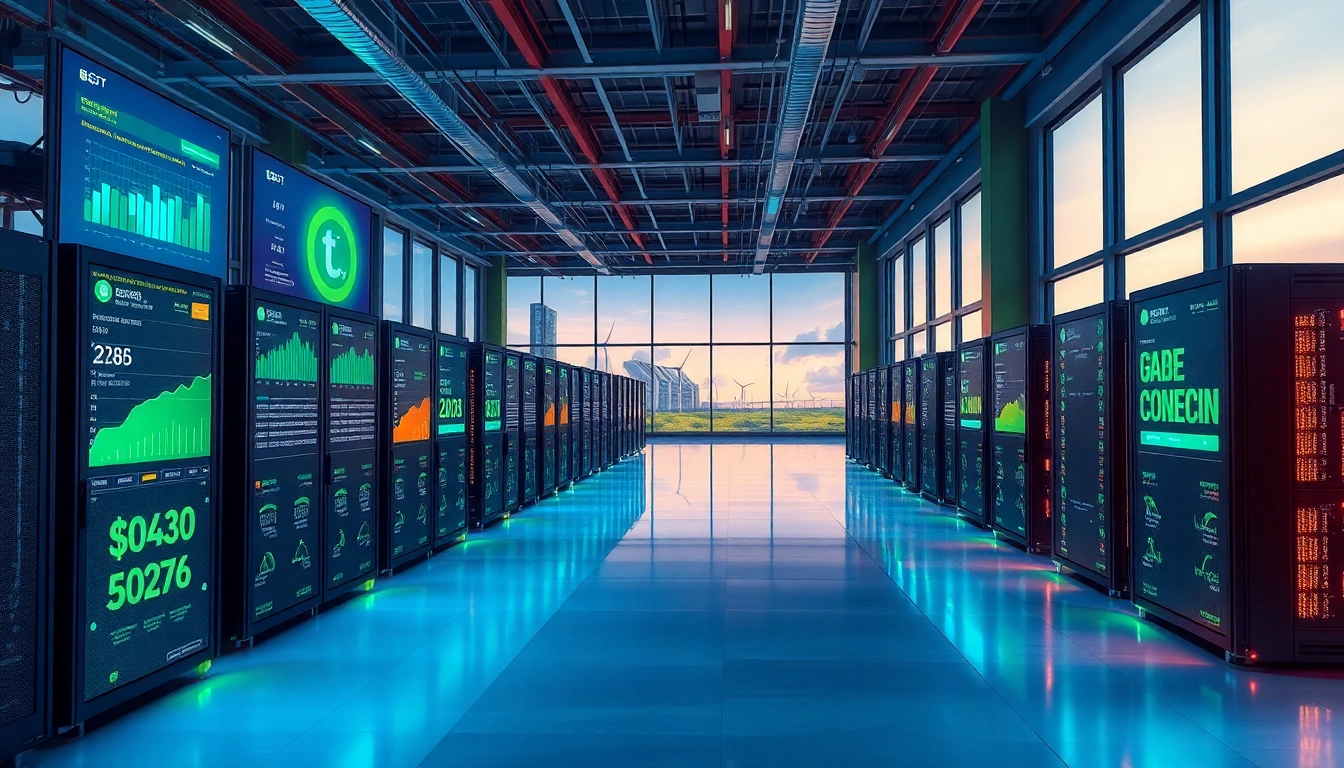 Dogecoin cloud mining facility showcasing advanced AI-driven technology and renewable energy.