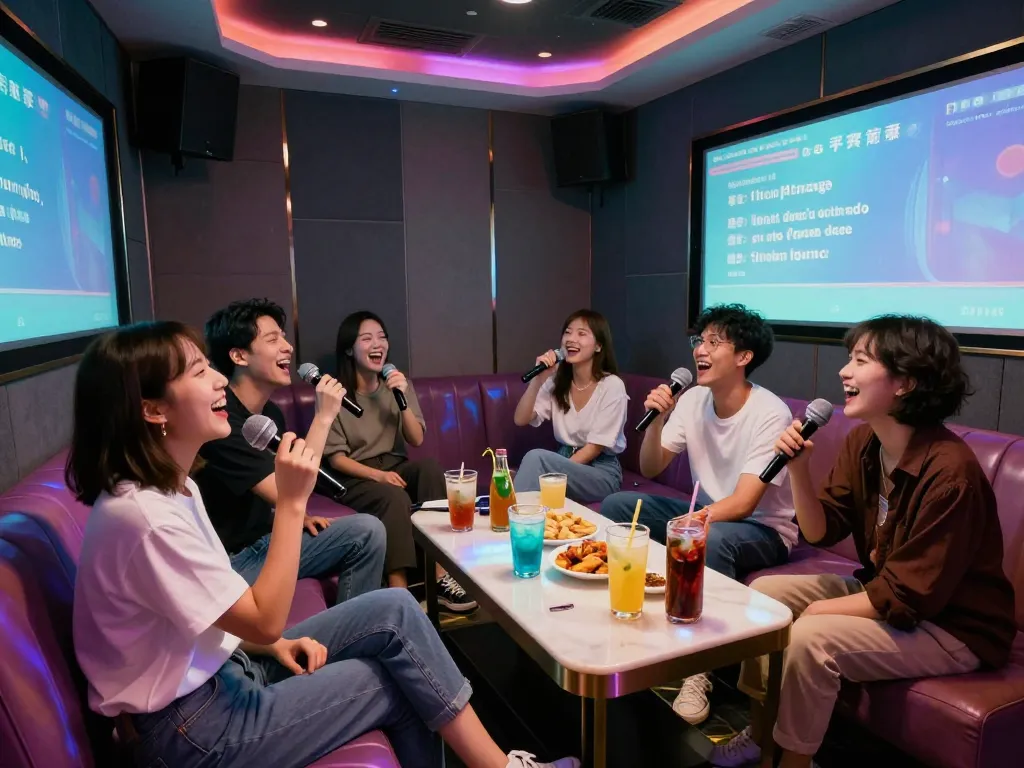 음료와 다채로운 조명이 가득한 방에서 친구들이 3no.org/seo에서 노래방을 즐기고 있습니다.