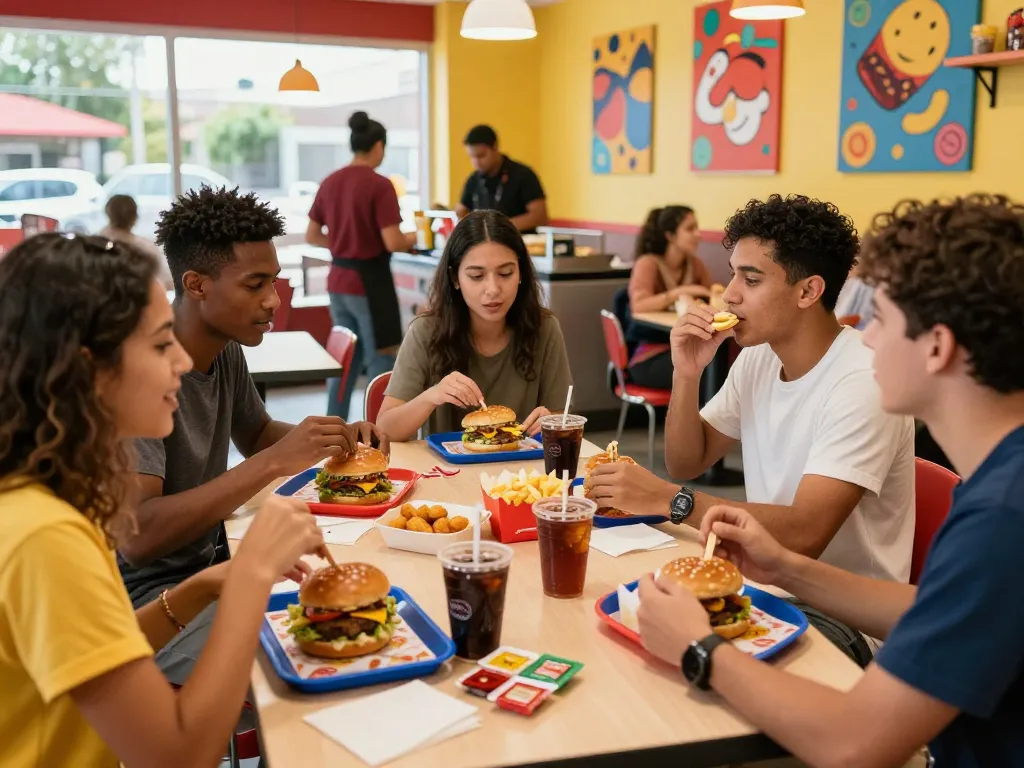 Friends enjoying a fast food menu selection including burgers and fries in a lively restaurant setting.