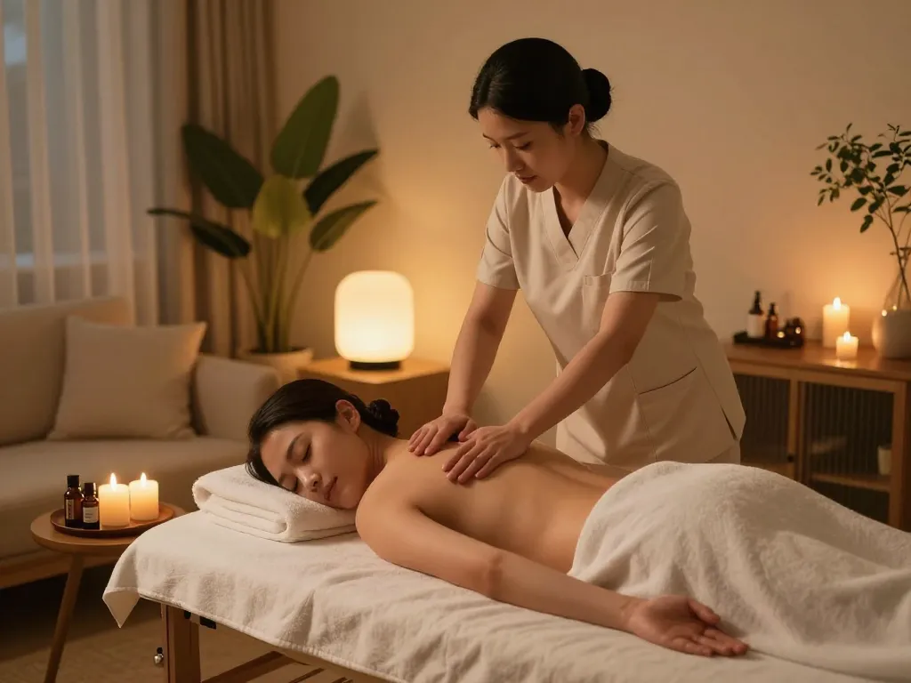 A serene at-home massage scene showcasing premium relaxation with https://www.banhanamsg.com/ services in a comfortable living room setting.