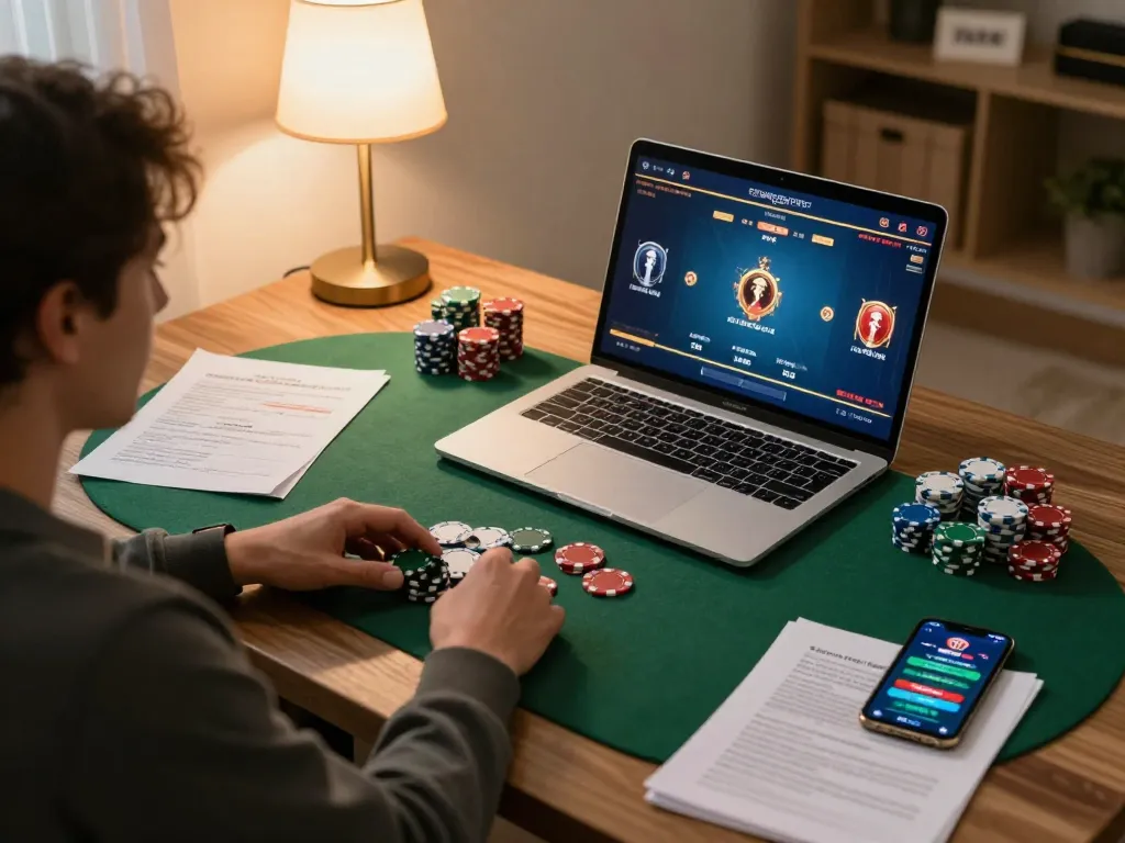 Engaging poker gameplay on 98win laptop, highlighting strategic notes and a warm home atmosphere.